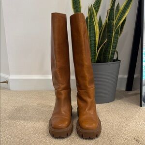 Zara Cognac Brown Over-the-Knee Leather Boots